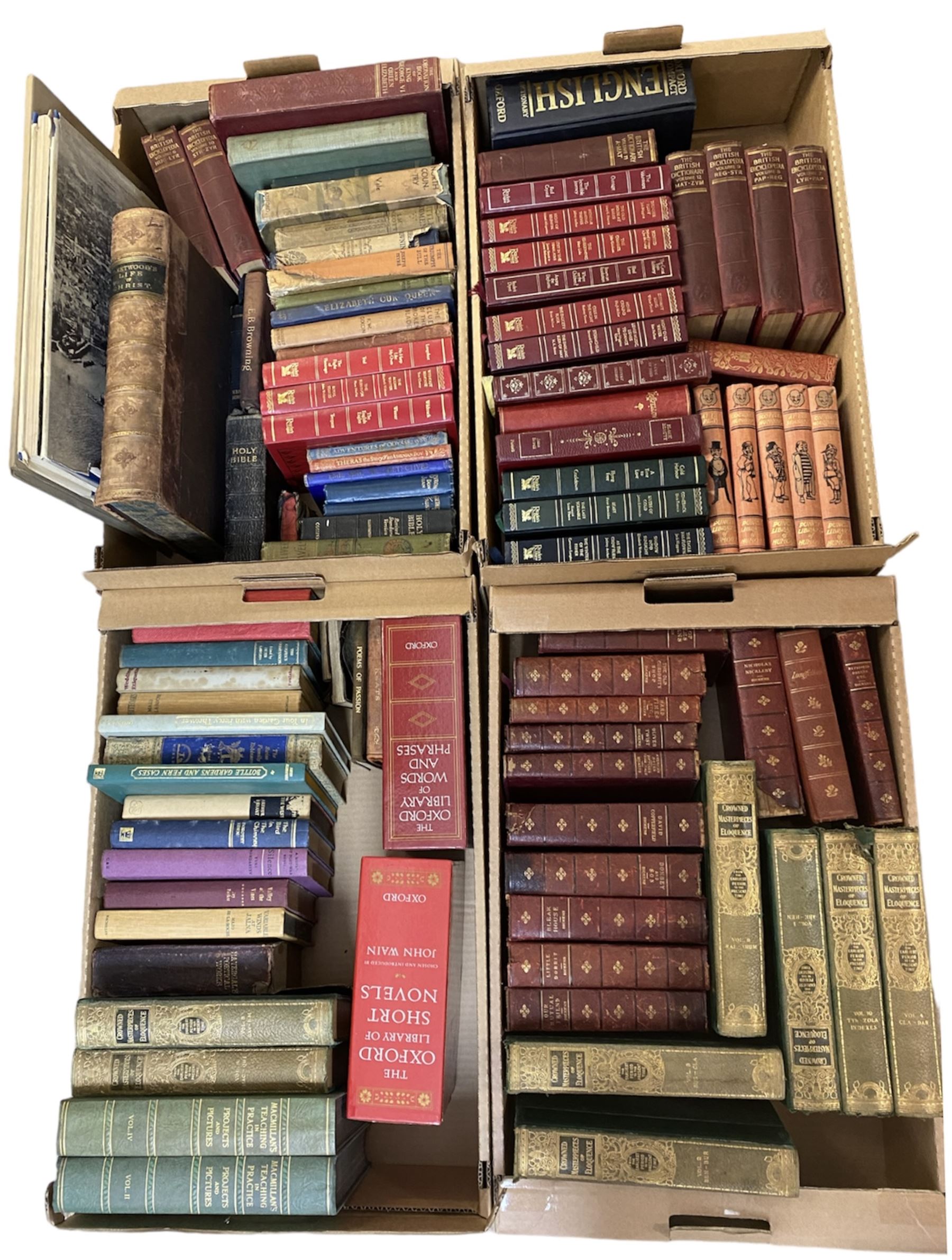 Large collection books, to include Dickens novels, Punch Humour, British Encyclopaedia volumes and six volumes of Crowned Masterpieces of Eloquence, etc, in four boxes 