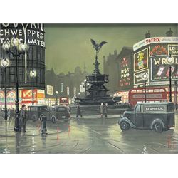 Steven Scholes (Northern British 1952-): 'Piccadilly Circus London 1958', oil on canvas signed, titled verso 28.5cm x 38.5cm