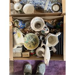 Mixed ceramics, to include a Susie Cooper jug, studio pottery dish, Delft clock, Coalport Mulberry Hall pot and reproduction mascaron jug, contents in two boxes