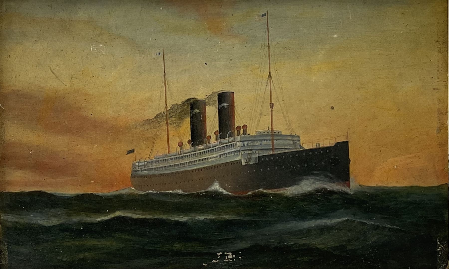 J H (Early 20th century): 'SS Cameronia' & 'SS Caledonia' - Steam Ship Portraits, pair oils on board, signed with initials titled and dated 1913 verso 14cm x 23cm (2)
Notes: The CAMERONIA was a Passenger/Cargo Vessel of 10,963 tons built in 1911 by D & W Henderson Ltd Glasgow, Yard No 472 for the Anchor Line, Glasgow. Her Maiden voyage was from Glasgow to Moville and New York on 13th September 1911. She acted as troopship from 1917. On the 15th April 1917 she was torpedoed and sank in 40 minutes when about 150 miles E of Malta. Around 200 lives lost out of approximately 2,700. The CALEDONIA also built by D. & W. Henderson & Co. Ltd., Glasgow in 1904 and owned at the time of her loss by Anchor Line (Henderson Bros.). Requisitioned by the British Government upon the outbreak of war in 1914, met her fate in the Mediterranean on December 5th, 1916. When 125 miles E. of Malta she encountered the German submarine U-65, which torpedoed her without warning. The captain, Capt. James Blaikie, attempted to sink the submarine by ramming and actually succeeded in striking her. Capt. Blaikie was taken prisoner by the Germans 