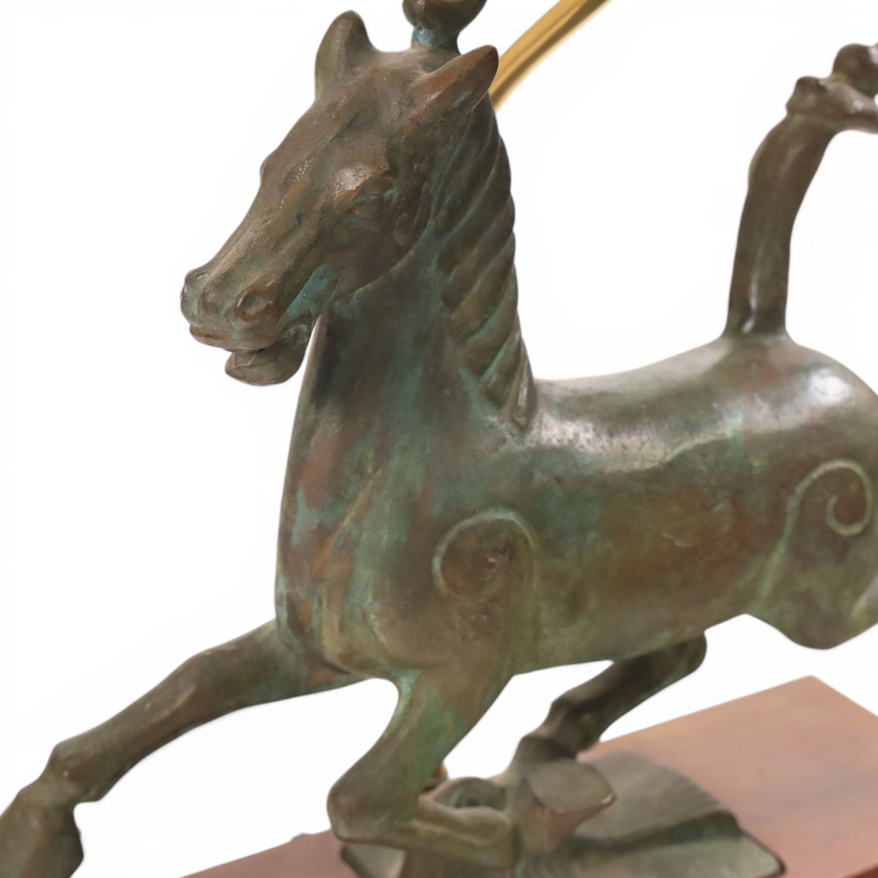 Table lamp, with bronze Tang horse upon the wooden base, H56cm with shade 