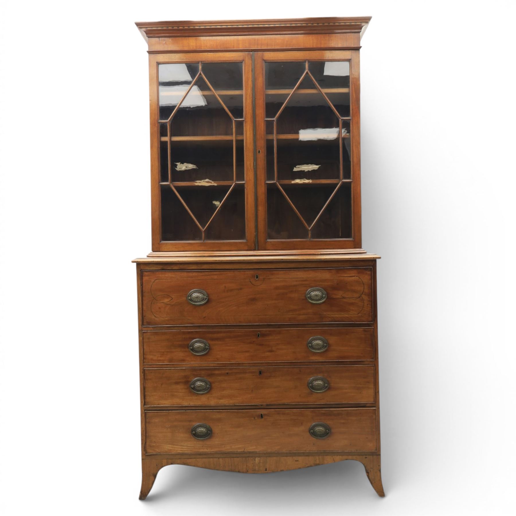 George III mahogany secretaire bookcase, the upper section with projecting cornice above astragal glazed doors, with three adjustable shelves, the lower section with secretaire drawer, fitted and with tooled leather writing surface, inlaid drawer fronts with brass handles, three graduating drawers below, raised on bracket feet