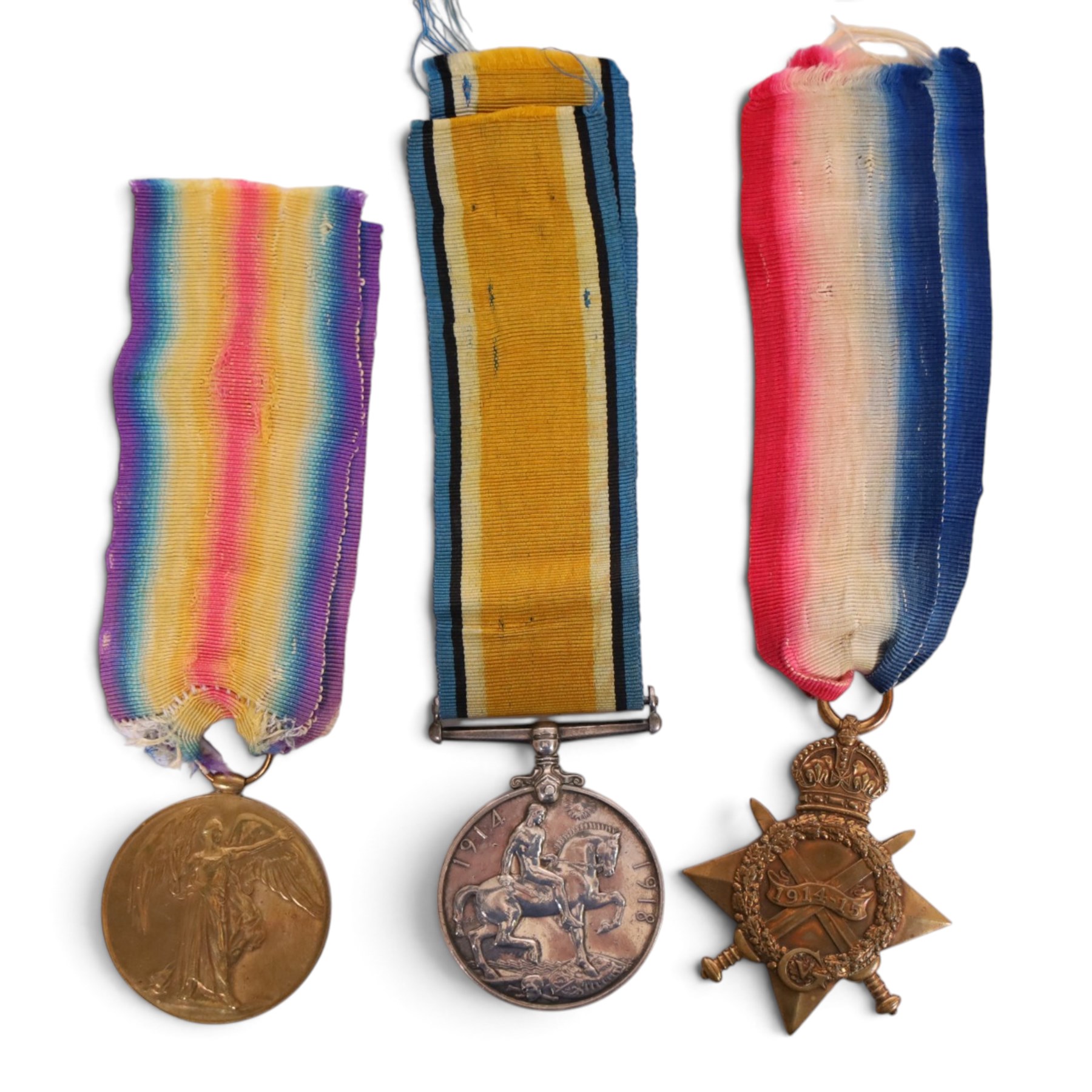 WWI British medal trio, comprising 1914-15 Star, War medal and Victory medal, awarded to 12-13598 Cpl Hulme A.S.C