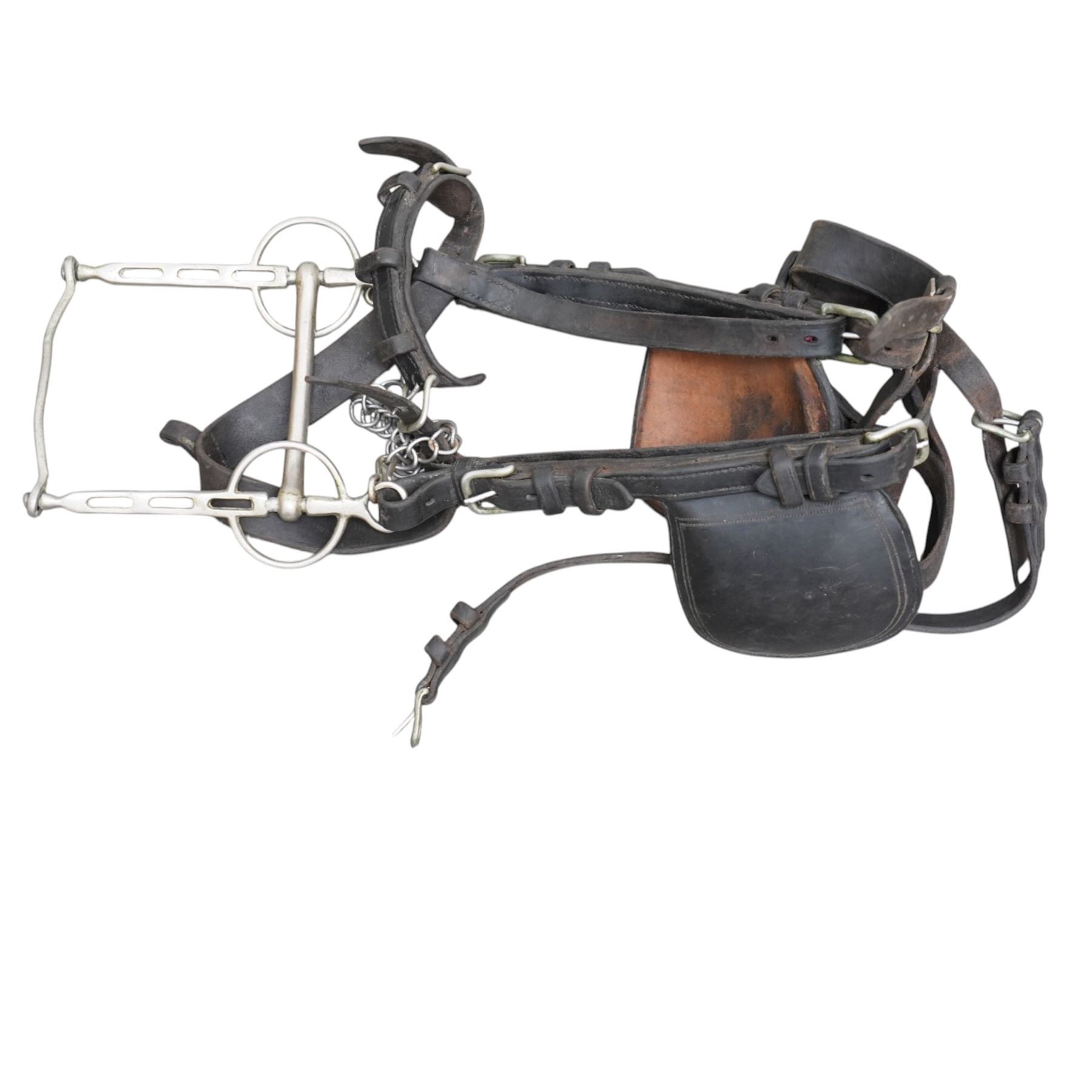 Team four in hand set of brown leather in hand exercise harness, including four collars, pads and bridles with leather blinkers and bits