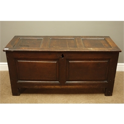  Early 18th century oak coffer, rectangular hinged lid above fielded panelled front, stile supports, W115cm, H56cm, D47cm  