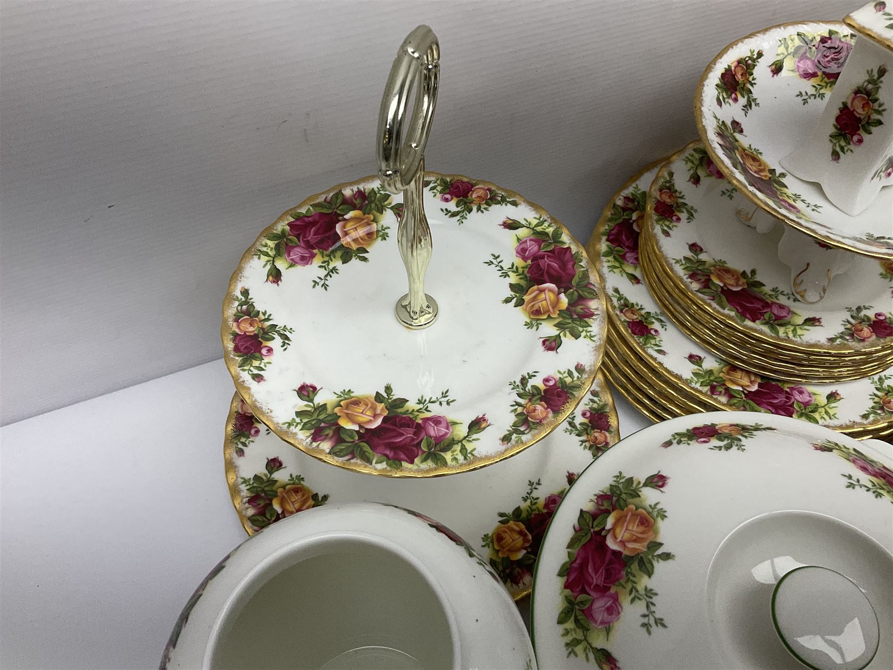 Royal Albert Old Country Roses pattern part tea and dinner service, including coffee pot, miniature teapot and stand, eight dinner plates, cake stand, sauce boat etc 