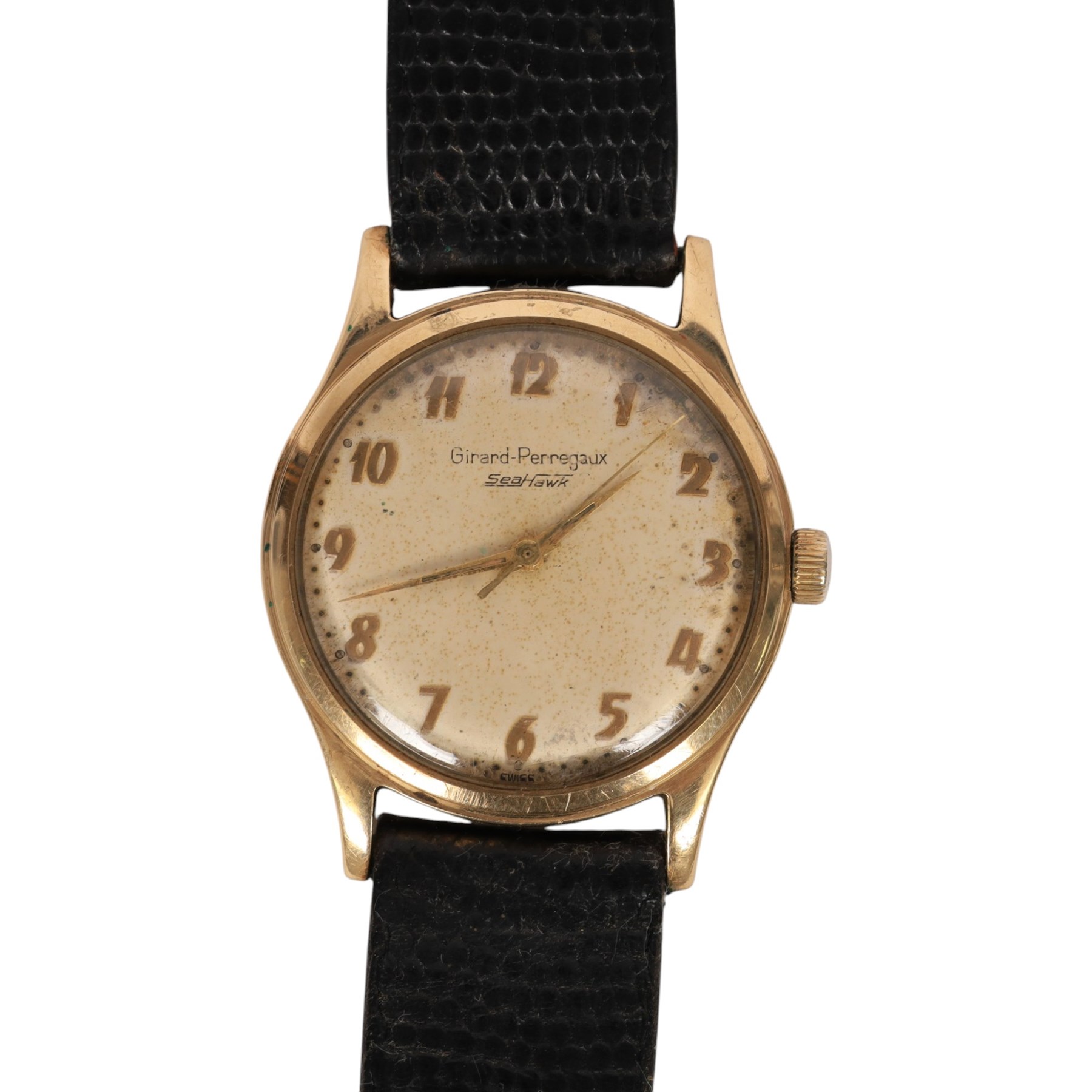 Girad-Perregaux Seahawk 9ct gold manual wind wristwatch, Birmingham 1961, on black leather strap