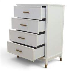Dorel Home - Modern chest of drawer, white painted rectangular top above, four drawers with bronze metal handles, on tapered supports 