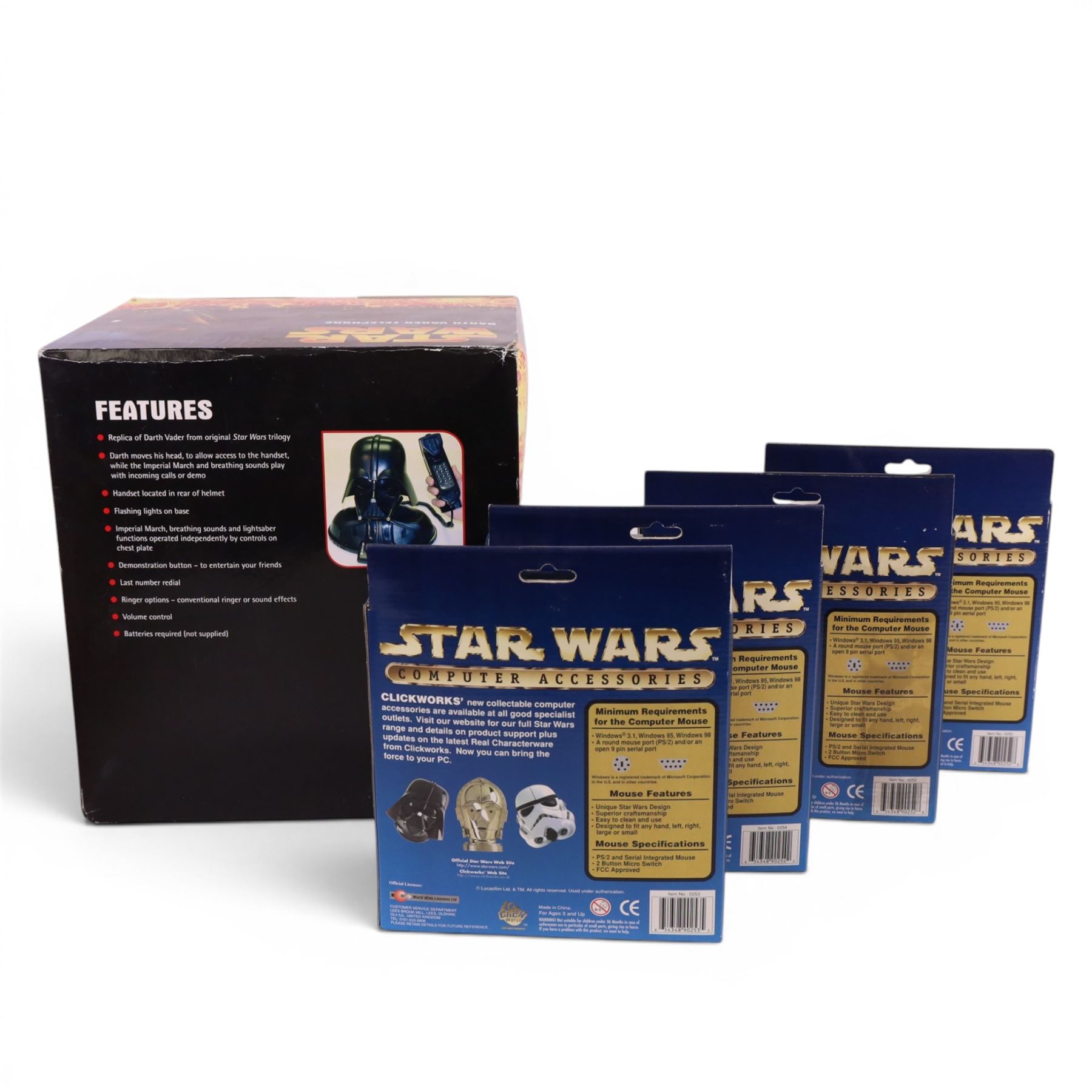 Cards Inc Star Wars Darth Vader telephone and four Click Works Star Wars computer mice, comprising two Darth Vader examples, C-3PO and Storm Trooper, all boxed