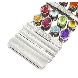 Corum Potpourri ladies stainless steel multi gemstone set quartz wristwatch, Ref. 137.520.47, serial No. 1710972, pink mother of pearl dial, diamond set bezel, on a multi gemstone set bracelet