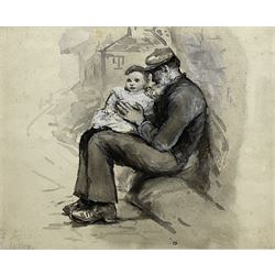 Robert Jobling (Staithes Group 1841-1923): Fisherman with Child, monochrome wash heightened in white signed in watercolour, also with later pencil signature 22cm x 27cm
