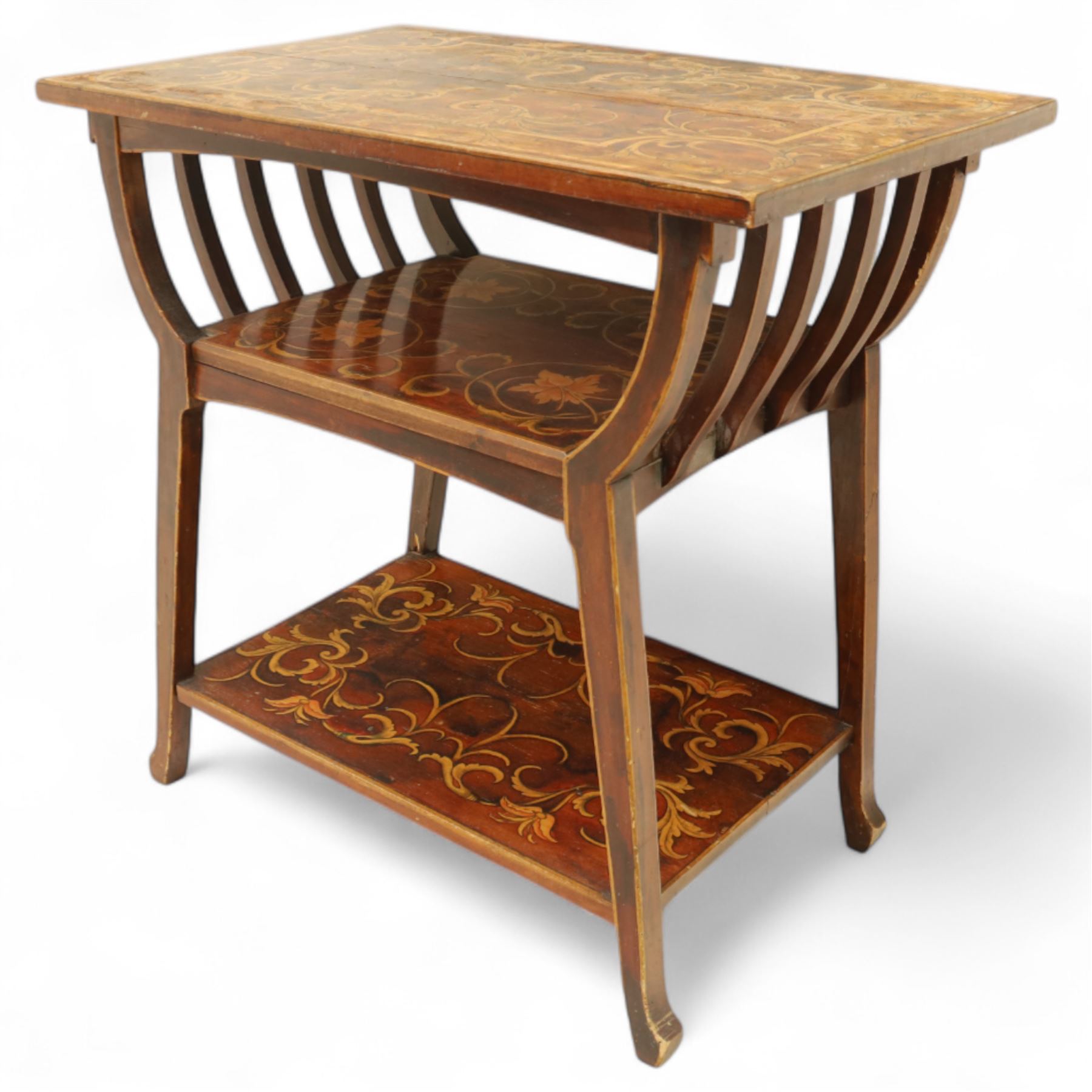 19th century mahogany coal scuttle, shaped raised back carved with shell fan motif, swing front enclosing original removable metal liner with handle, panelled front with cast drop handle, over slatted undertier (H 65cm, W 33cm, D 34cm)
Early 20th century mahogany magazine table, rectangular top and undertier decorated with gilt foliate and scroll marquetry, shaped pierced side rails forming magazine divisions, on square tapering supports (H 70cm, W 71cm, D 45cm)