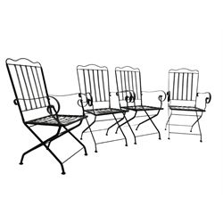 Set of six (4+2) grey finish wrought metal garden chairs, with shaped cresting rail over vertical slat back, latticework seat  - THIS LOT IS TO BE COLLECTED BY APPOINTMENT FROM DUGGLEBY STORAGE, GREAT HILL, EASTFIELD, SCARBOROUGH, YO11 3TX