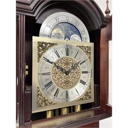 Fenclocks Suffolk - contemporary mahogany longcase clock, stepped arch hood with plain pilaster columns, moon phase dial and silvered Roman chapter ring, with chime set/silent lever, triple weight driven quarter chiming movement
