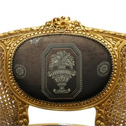 Louis XVI design tub armchair, studded upholstered padded back and seat with double cane side panels on fluted legs 