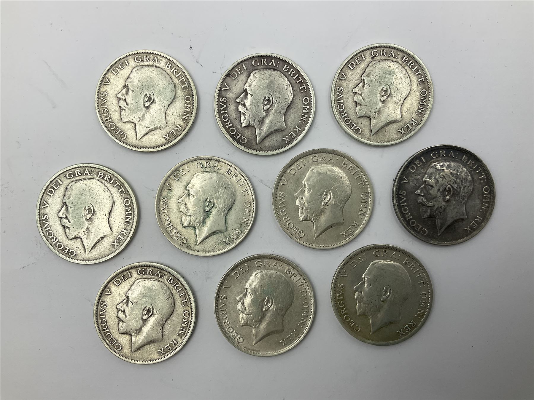 Ten King George V 1918 silver half crown coins