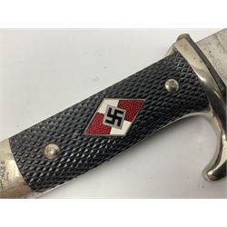 German Hitler Youth dagger the 14cm steel blade by Eickhorn Solingen inscribed Blut und Ehre and marked RZM M 7/66, chequered black grip with inset enamel diamond shaped insignia; in steel scabbard with leather frog L27cm overall