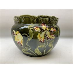 Wedgwood majolica comport, moulded with basket weave and foliage decoration, together with Imperial & Bonn and Sylvac jardinières, sylvac H18cm