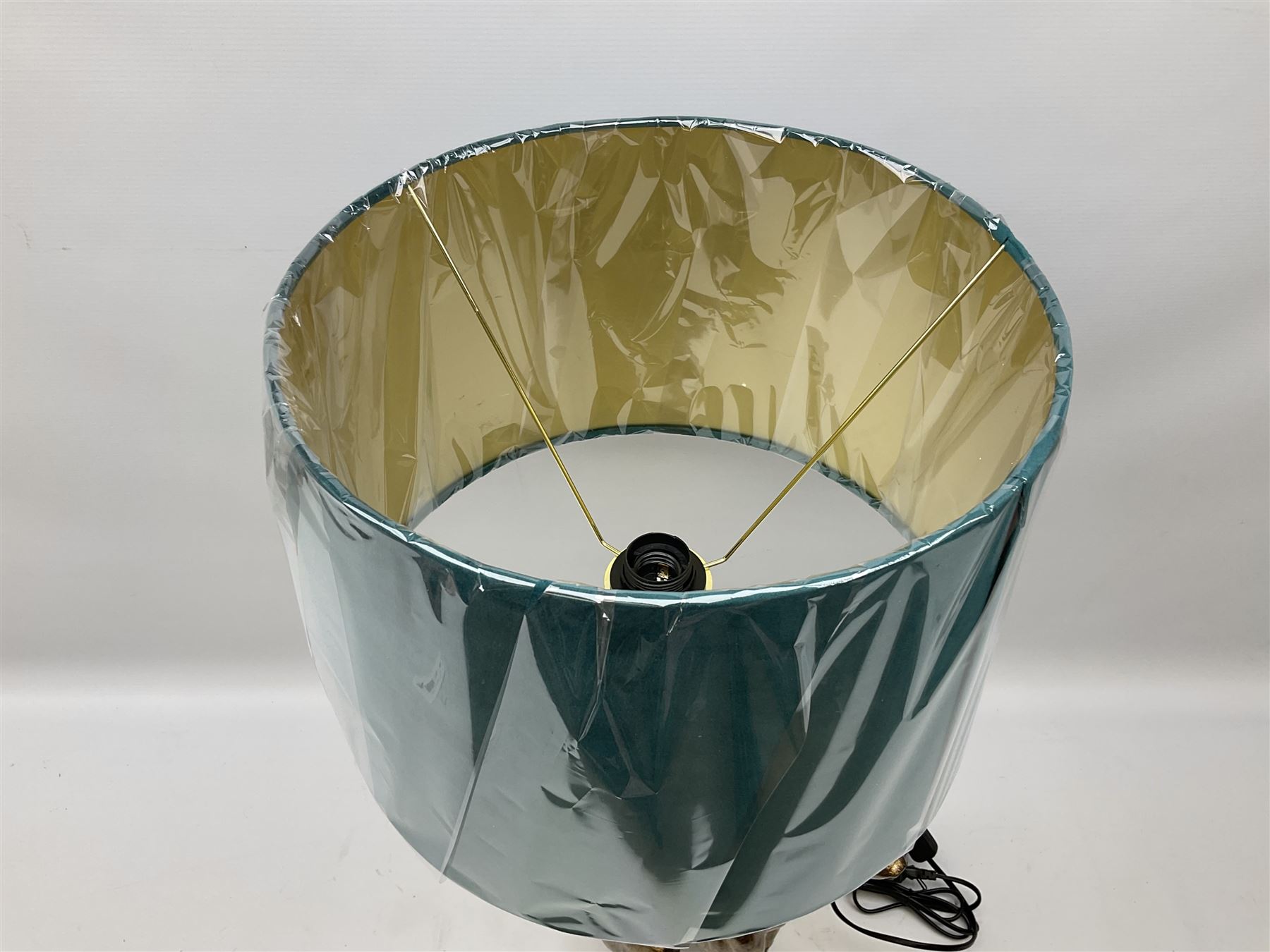 Composite table lamp, modelled as a gilt seated whippet, with teal velvet shade, H71cm
