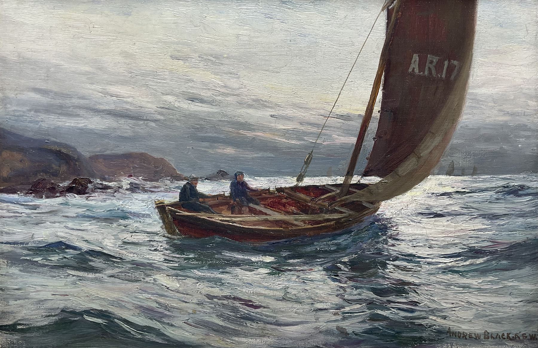 Andrew Black RSW (Scottish 1850-1916): Ayr Fishing Boat Rounding the Coast, oil on canvas signed 30cm x 45cm