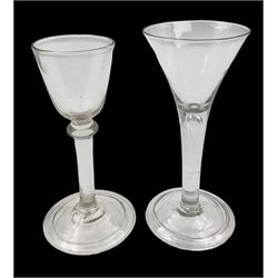 18th century wine glass, the trumpet shaped bowl upon tear drop stem and conical folded foot, H15.5cm, together with an 18th century cordial glass, the round funnel bowl on plain knopped stem and folded conical foot