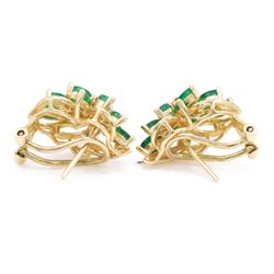 Pair of 14ct gold emerald and diamond cluster earrings, each stud set with twelve marquise cut emeralds and three round brilliant cut diamonds, stamped 585