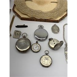 Gentleman's 9ct gold wristwatch and one other nickle wristwatch, Bulova and Sekonda wristwatch, silver pocket watch and three silver fob watches, Swiss National Day pewter lapel badge and a collection of costume jewellery including brooches