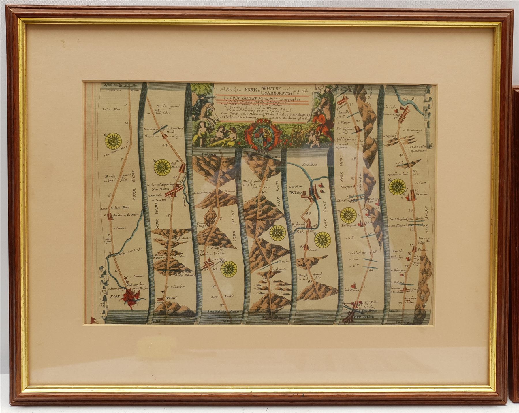 After John Ogilby (British 1600-1676): 'The Roads from York to Whitby and Scarborough' and 'The Road from London to Flamborough Head', two early 20th century strip maps 20cm x 29cm and 14cm x 29cm (2)
