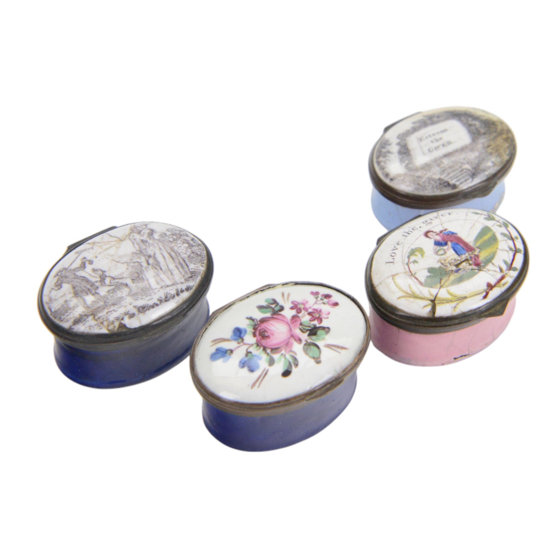 Four 18th/ early 19th century enamel snuff boxes, of oval form, with pictorial images and mottos to the hinged covers, comprising black and white printed figural scene, spray of flowers, Esteem the GIVER and Love the giver 