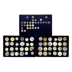 Commemorative, fantasy and other coinage, including George II 1754 farthing, George III 1773 farthing, cartwheel penny and cartwheel two pence, Queen Victoria Canada 1886 twenty five cents, various commemorative crowns etc, housed in three blue coin trays