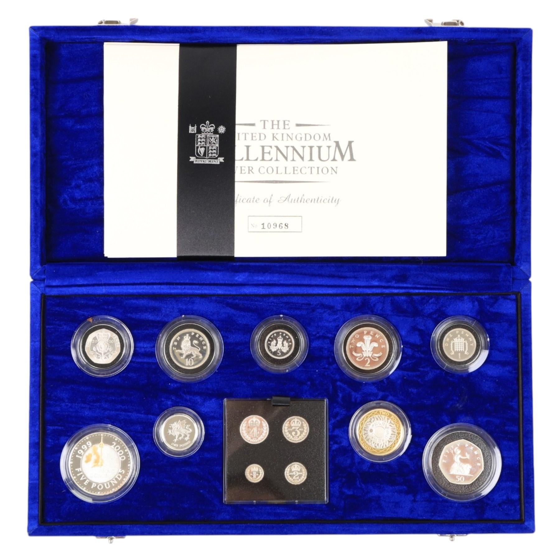 The Royal Mint United Kingdom 2000 'Millennium' silver proof coin collection, including Maundy coins, cased with certificate