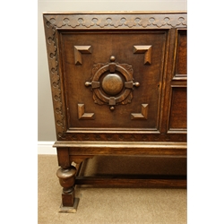  Early 20th century oak sideboard, fitted with two drawers and two cupboards with carved detail, W170cm, D56cm, H105cm  