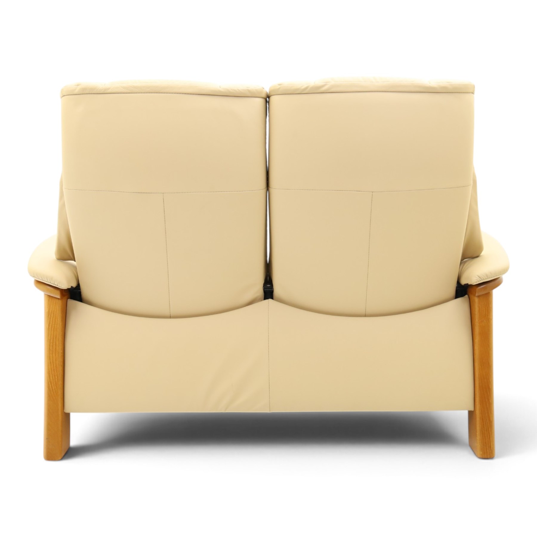 Ekornes Stressless - beech framed reclining two seater sofa, out-swept arms over tapering supports, upholstered in beige leather