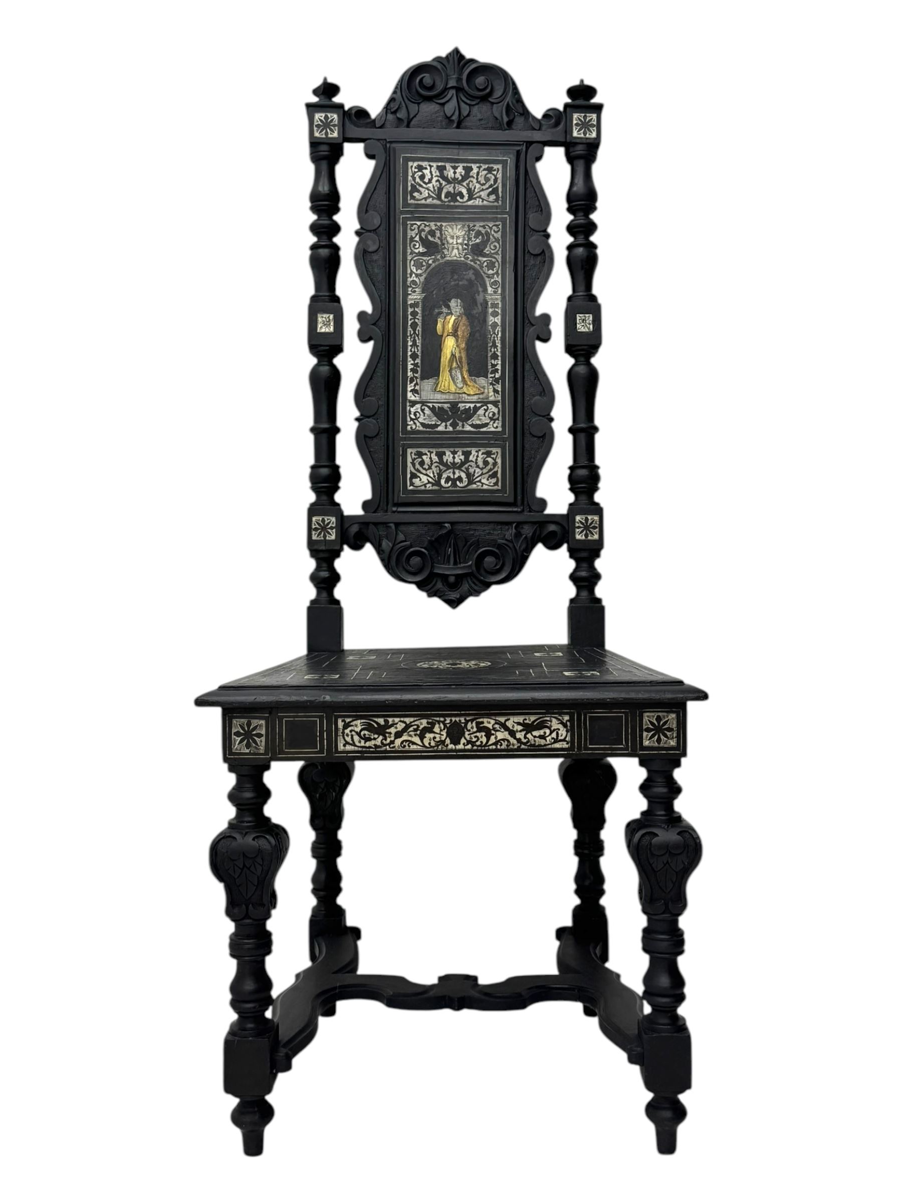 19th century Italian ebonised side chair, the backrest inlaid with bone and decorated with a painted figure in Renaissance dress within an arched reserve, flanked by turned supports and scrolled cresting, the seat and frieze similarly inlaid, raised on turned legs with shaped stretchers