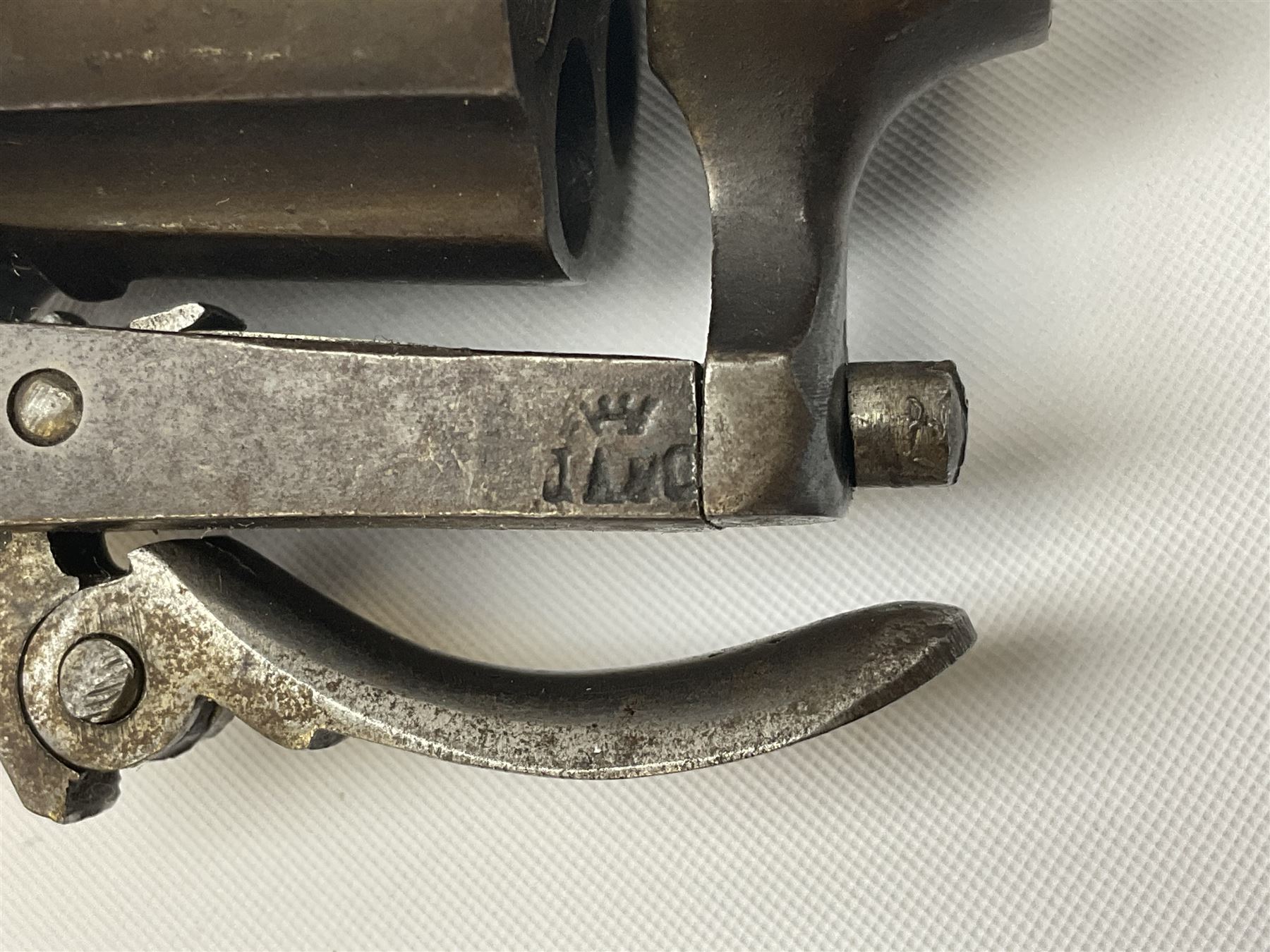 19th century Belgian Flobert 7mm pin-fire revolver with six-shot cylinder, 7cm octagonal to round barrel, folding trigger and walnut stock incorporating ejector rod in butt L18cm overall