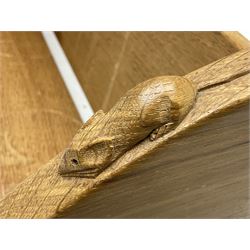 'Mouseman' oak book trough, curved end supports, carved with mouse signature, by Robert Thompson of Kilburn