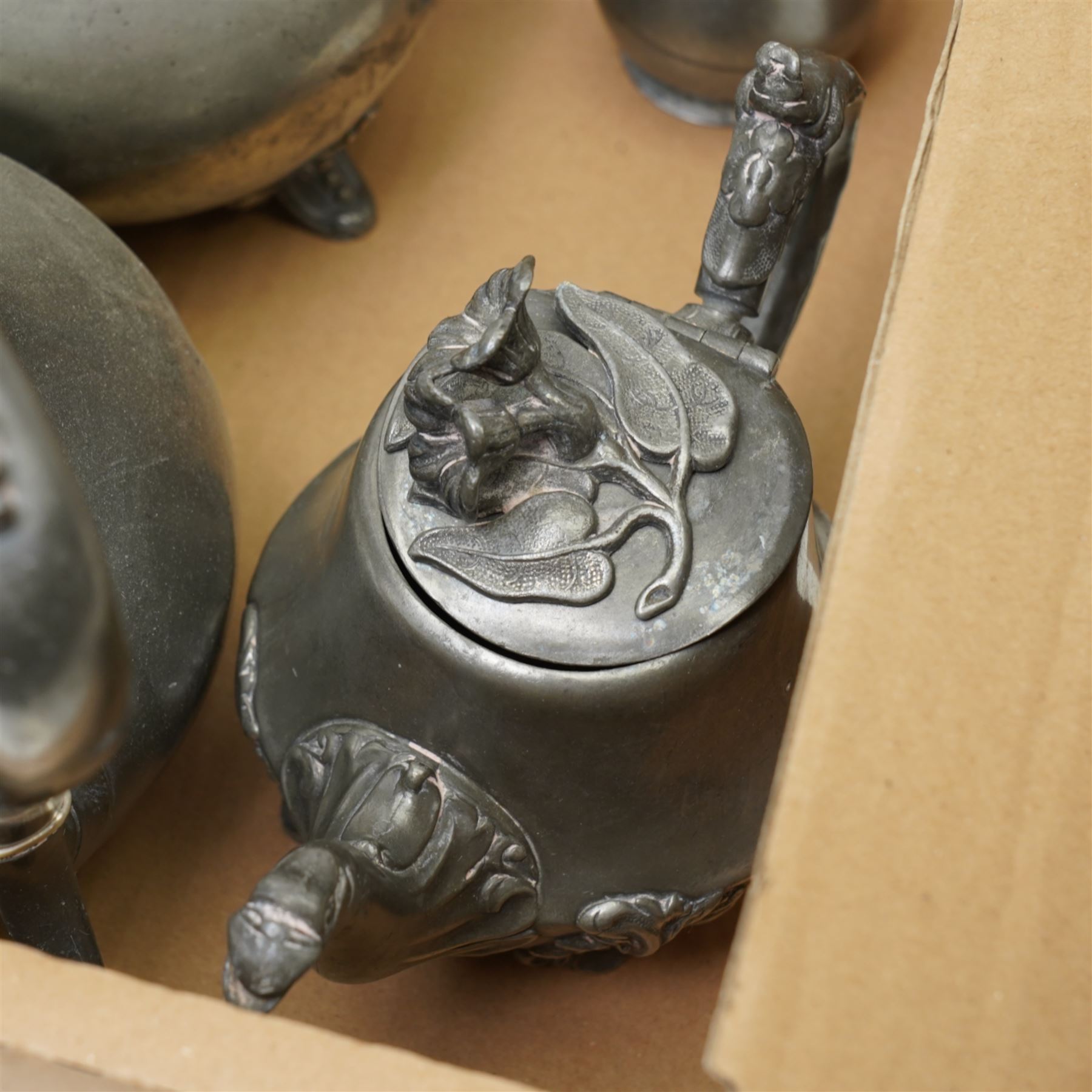 Victorian pewter coffee pot by James Dixon, three others, pewter sand shaker, teapot and two pewter plates