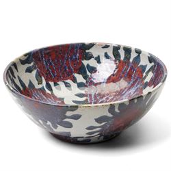 Sophie Hamilton (1963-): Sunflower bowl, decorated with blue and red sunflowers on a pale ...