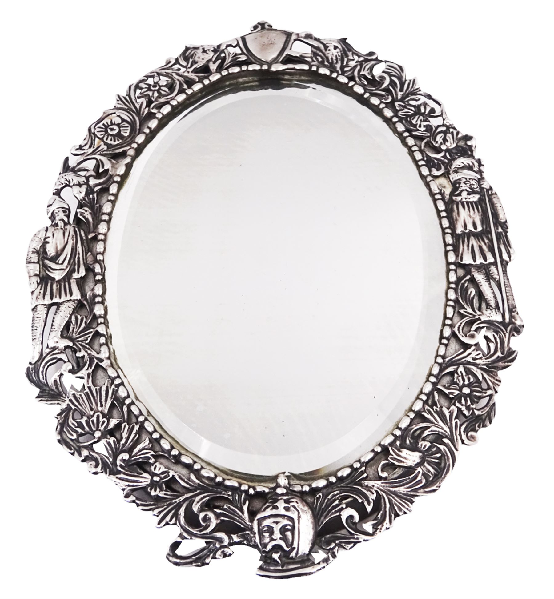 Continental silver miniature dressing table/wall mirror, of oval form with bevelled mirror plate, surrounded by a bead and dart rim, with pierced scrolling floral border with a standing cavalier to either side and the bust of a cavalier to the base, H17.7cm