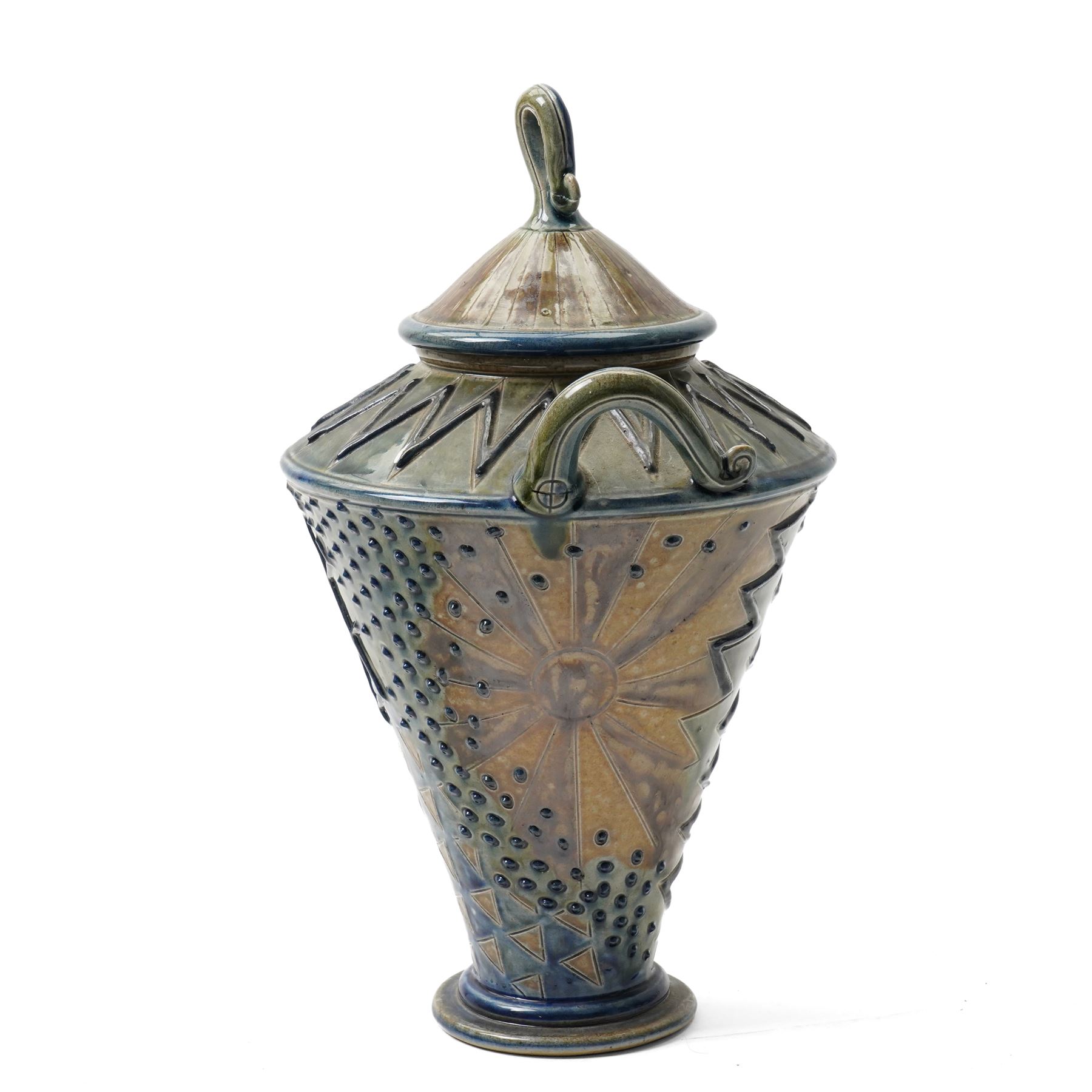 Andrew Osborne (1956 -): Geometric Jar and Bowl, with abstract design in typical blue and green glazes, incised marks to bases, jar H34cm