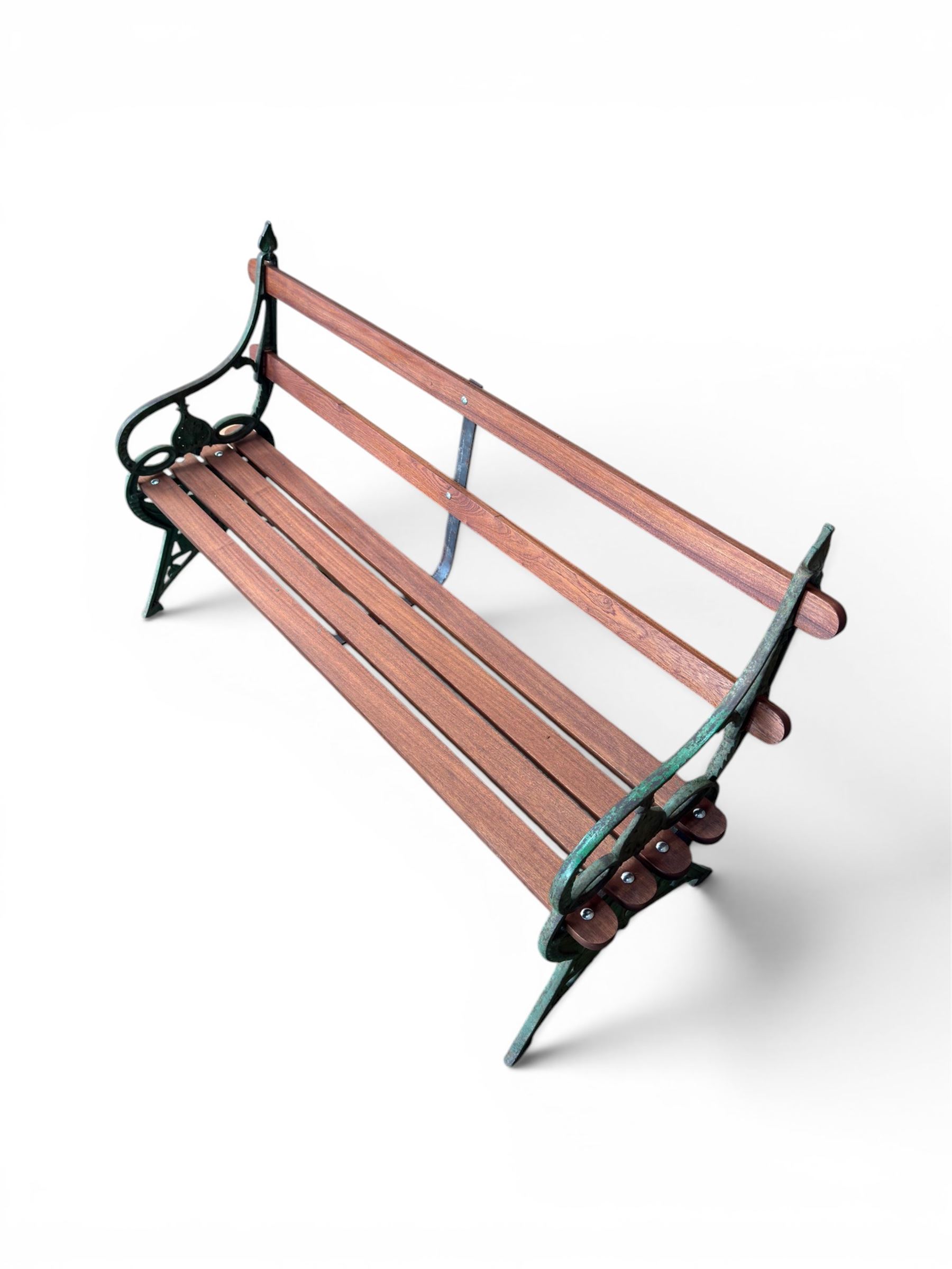 Coalbrookdale - Lily Pad design cast iron an wood slatted garden bench, late 19th century Aesthetic Movement, no. 217569, distressed green paint, iron centre support and seat stretcher, hardwood slatted