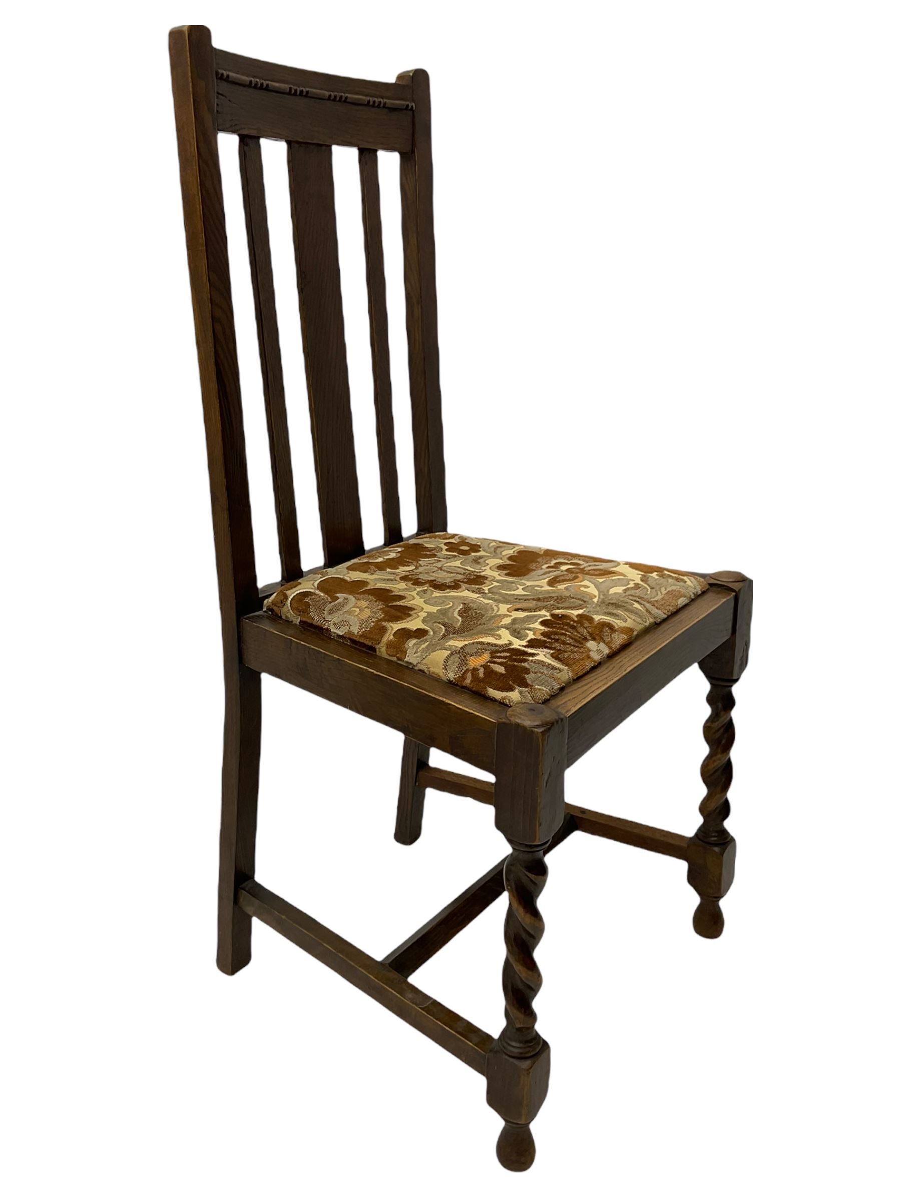 Early 20th century oak barley twist drop leaf dining table (105cm x 154cm, H74cm), and four chairs 