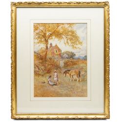 Frederick James Knowles (British 1874-1931): Young Girls and Horse in a Paddock, watercolour signed 42cm x 30.5cm