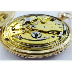 18ct gold open face key wound quarter repeating Swiss lever pocket watch by Garni en Pierre, No. 5090, the gold dust cover inscribed 'Echappement Libre a Ancre', plunge repeat in the pendant, silver engine turned dial with Roman numerals and subsidiary seconds dial