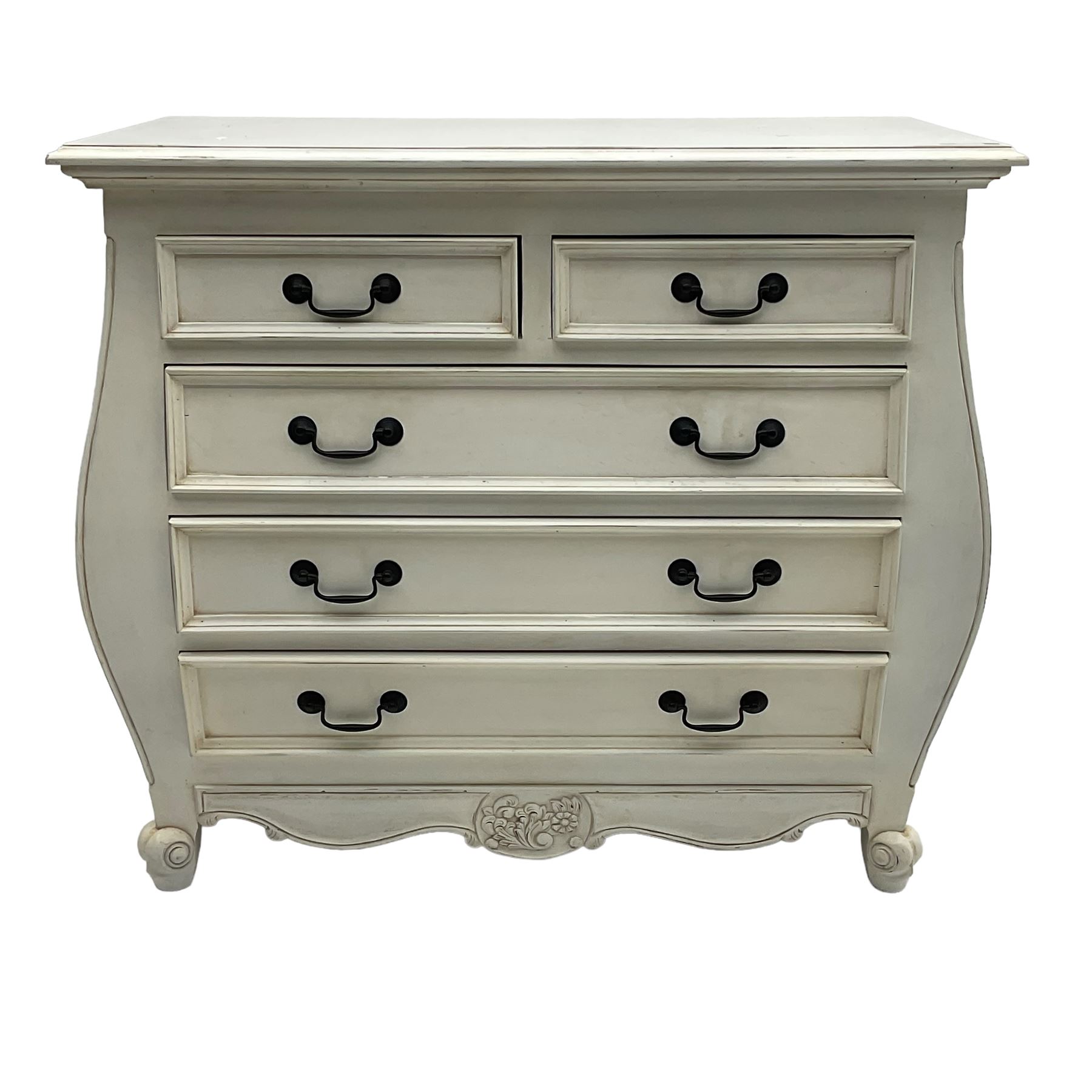 French design bombe shaped chest, moulded rectangular top over two short and three long drawers, on scrolled feet, in cream paint finish 