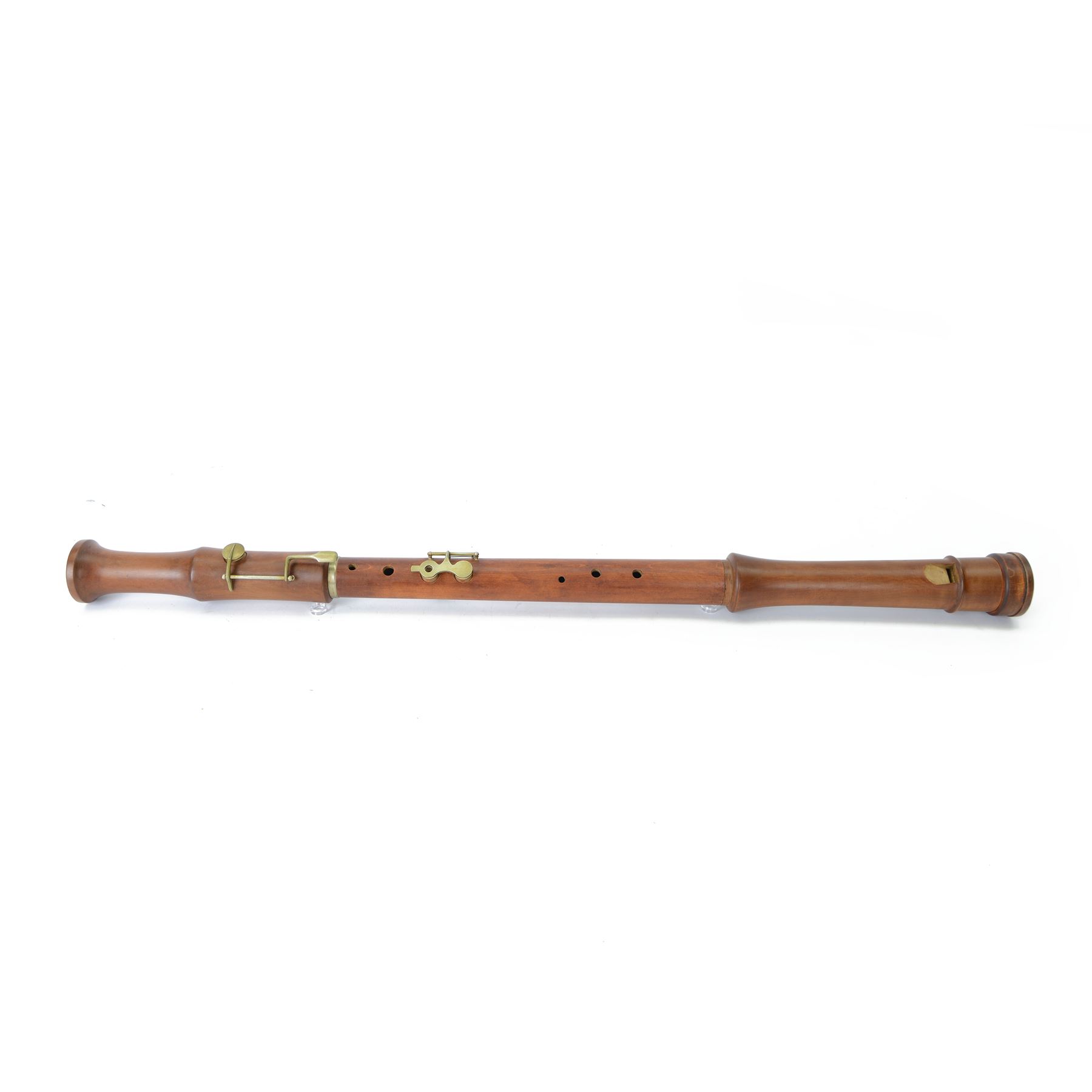 Replica Renaissance Bass recorder in Pearwood, authentic duct blown period instrument with two keys, possibly German.
