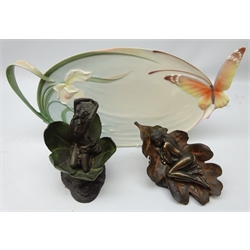  Franz porcelain Butterfly tea tray, L44cm and two Heredities bronzed models 'Spring Awakening' and 'Autumn Sleep' (3)  