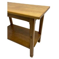 Acornman - oak side table, rectangular adzed top on chamfered supports joined by adzed under tier, carved with acorn signature, by Alan Grainger, Brandsby, York