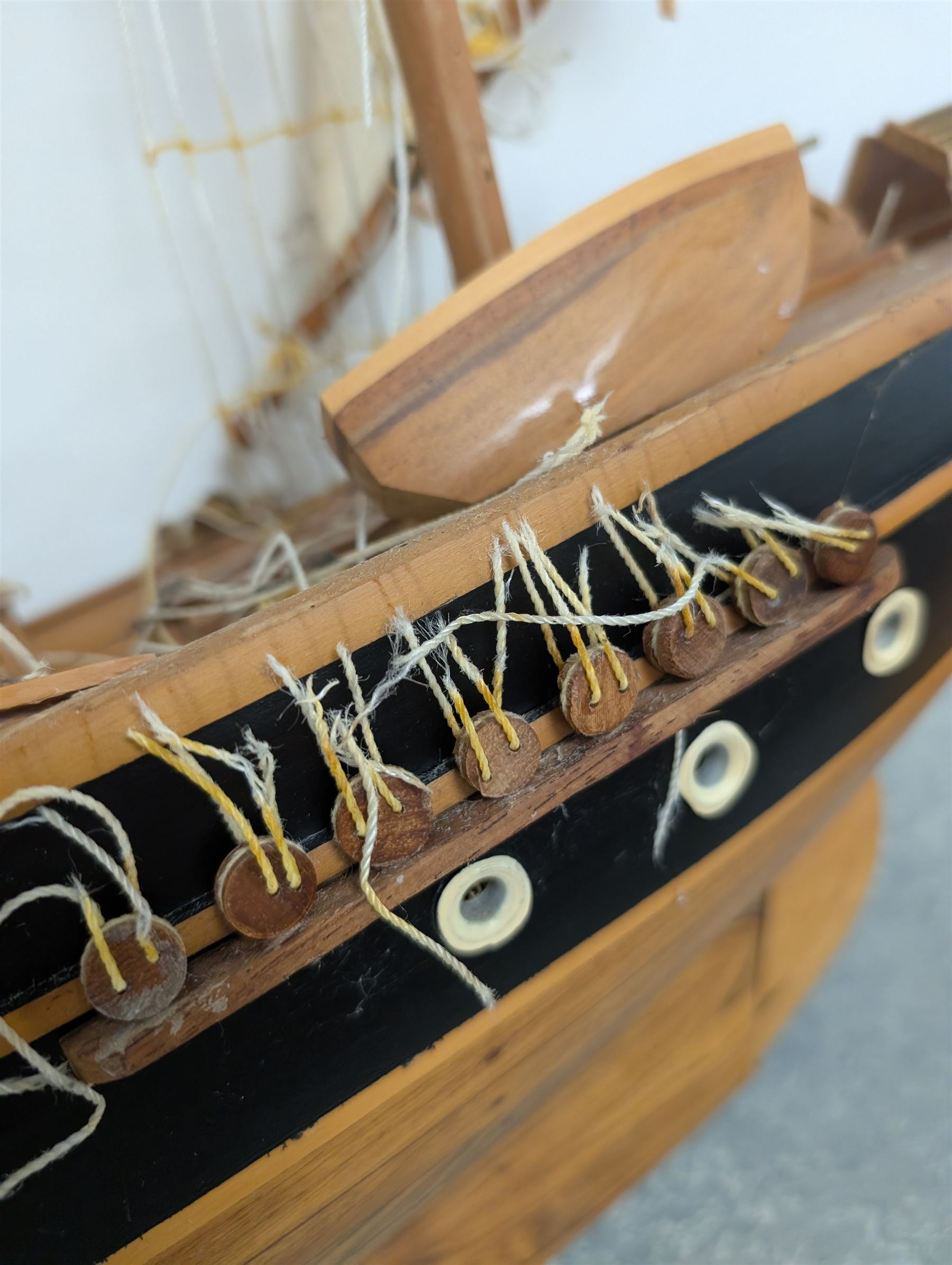 Large wooden model ship of a three-masted schooner, H117cm, W163cm, with stand