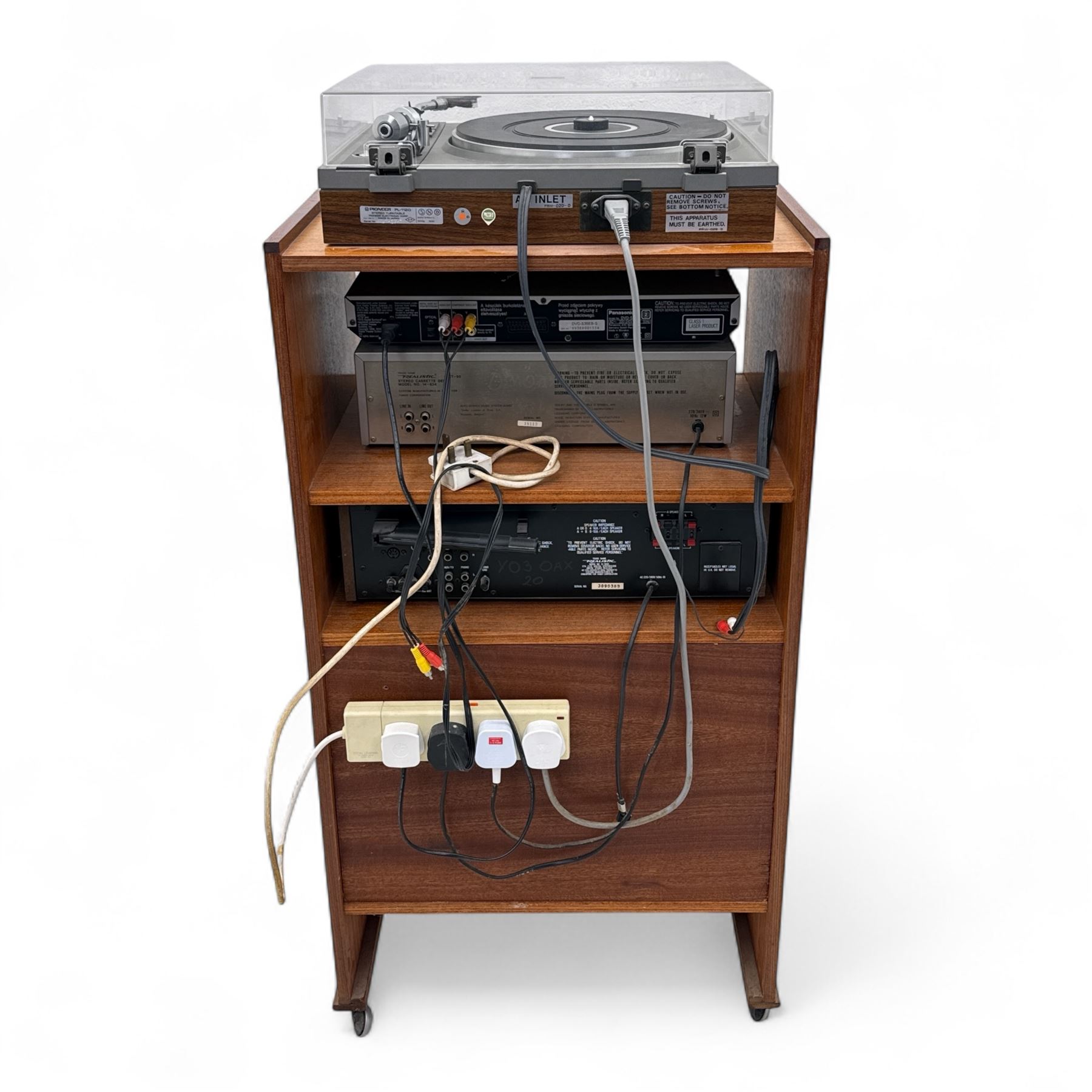 Vintage teak hi-fi cabinet comprising Realistic SCT-90 tape deck, STA 2270 receiver, Optimus 45 stereo speakers, Pioneer PL-1120 turntable,  Panasonic DVD 535 player 